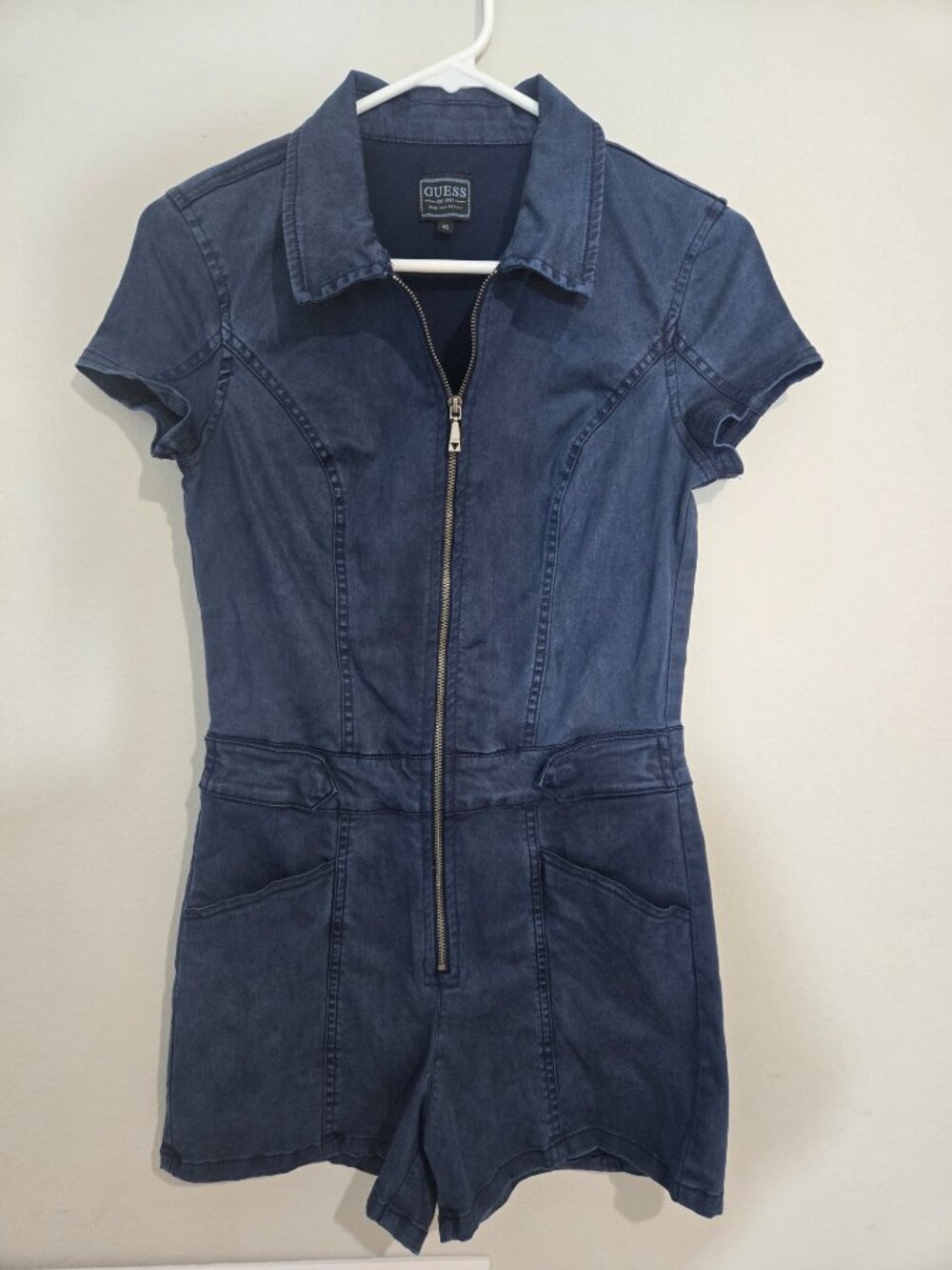 Guess Womens Gemma Romper Dark Wash Denim Zip-Front Romper Size XS